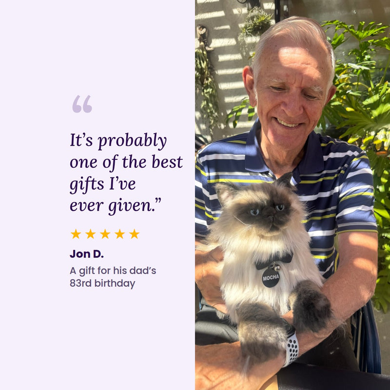 Jon D.’s 5-star review: It’s probably one of the best gifts I’ve ever given. A man holding a custom cat plush