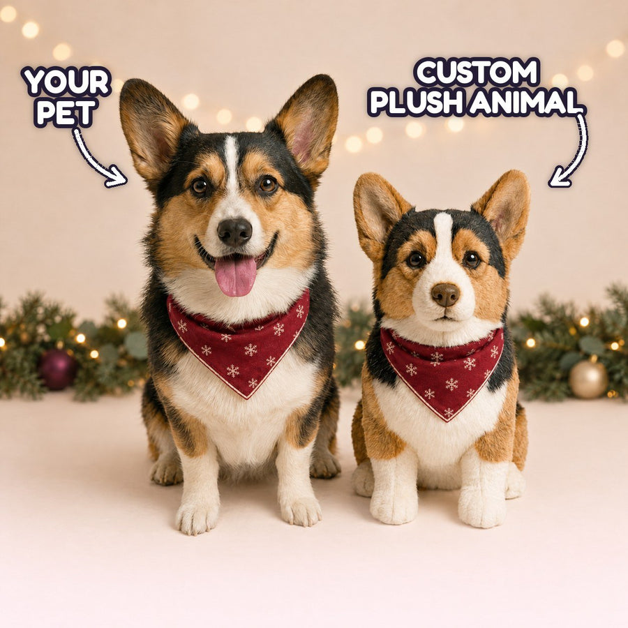 A custom pet plush replica, handmade from a photo, next to the dog it was made to look like, at Christmas