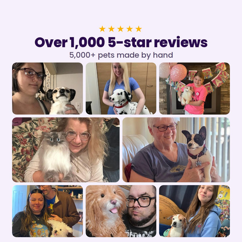 Over 1,000 5-star reviews: eight customers holding the custom plush of their dog or cat
