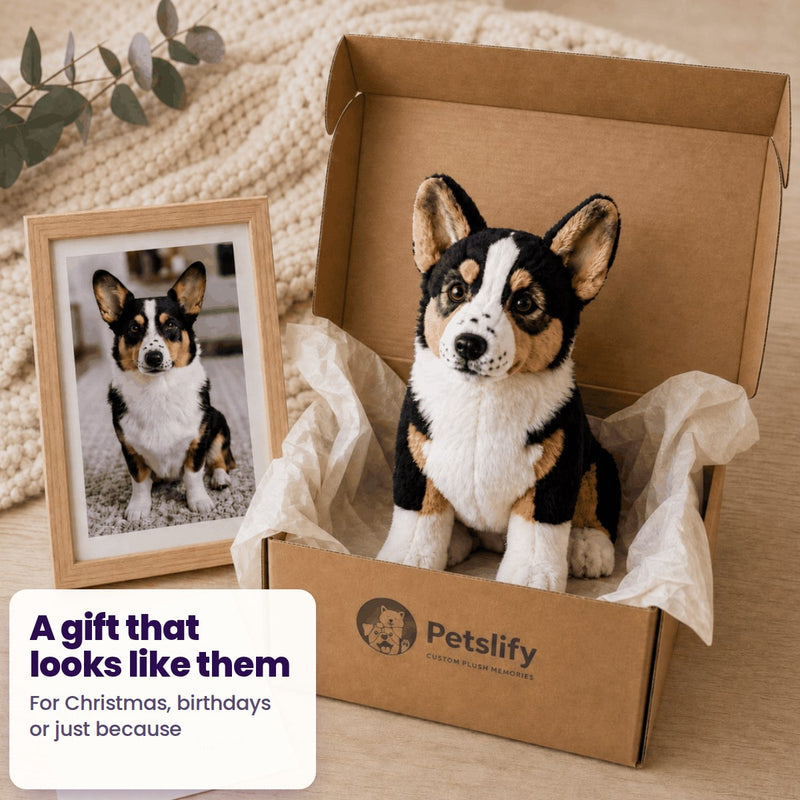 A gift that looks like them: a custom corgi plush in an open box beside a framed photo of the dog