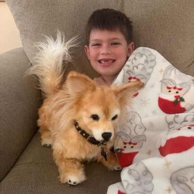 Boy under a blanket with the custom stuffed animal of his ginger dog