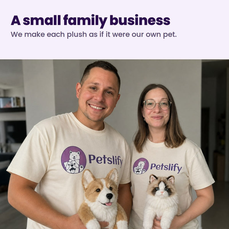 A small family business: Anastasia and Nik of Petslify holding two custom pet plushies