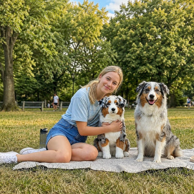 Customer on the grass with a stuffed animal replica of her tricolour dog