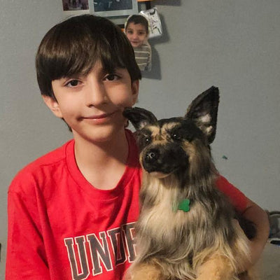 Boy holding the custom stuffed animal replica that looks like his dog