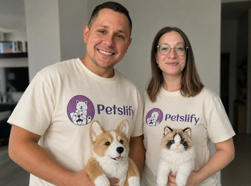Anastasia and Nik of Petslify holding two custom pet stuffed animals
