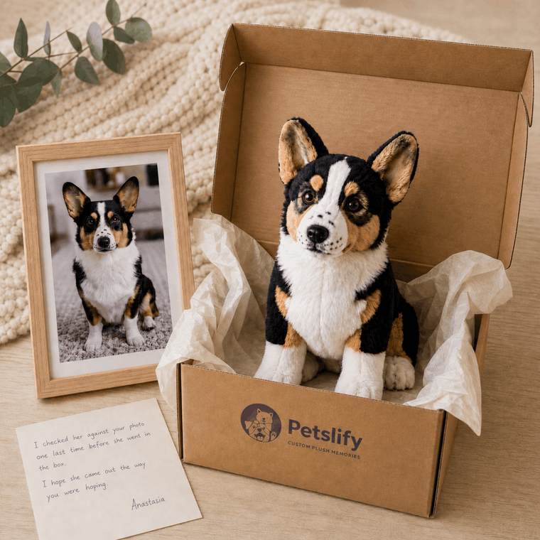 Framed photo of a dog beside the finished stuffed animal replica in its Gift Set crate box